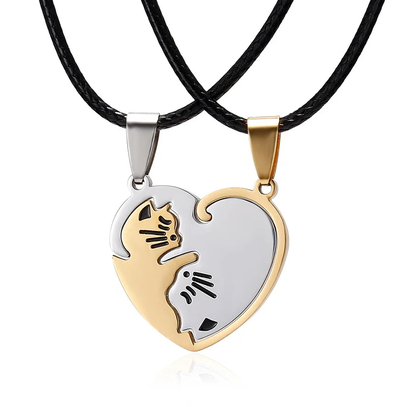 Animal Pendant Black White Cat Stitching Necklace Simple Friendship Gift Heart Shape White Cat Cute Couple Jewelry Necklace
