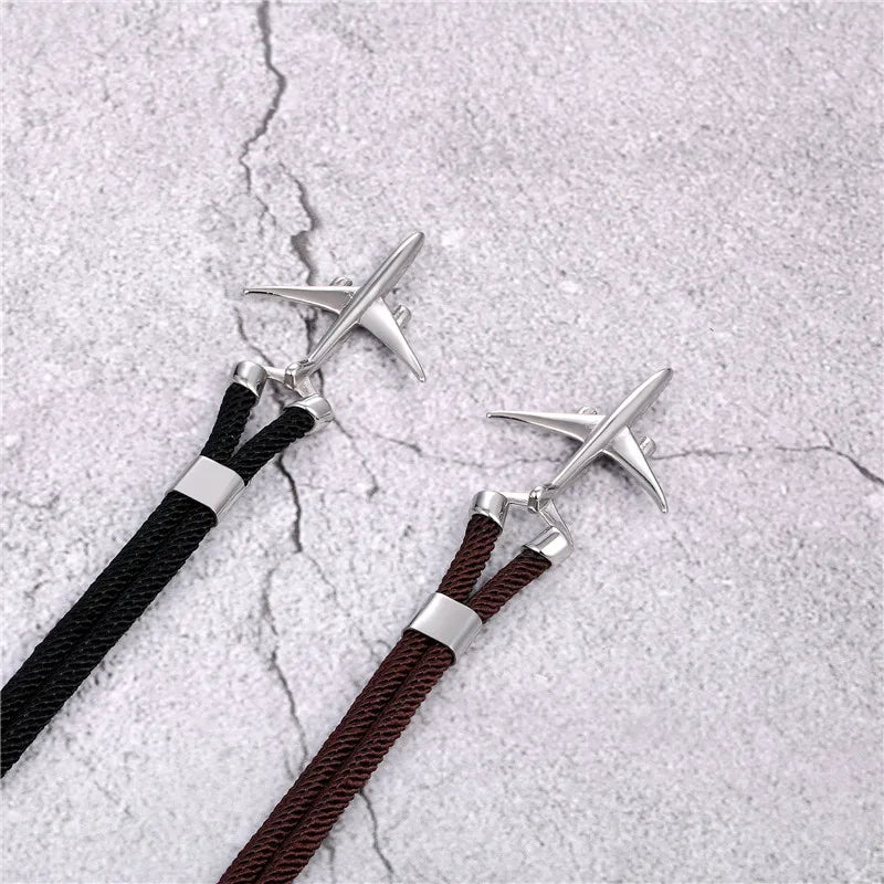 MKENDN Fashion Stainless Steel Airplane Glider Anchor Rope Leather flight Bracelets Men Women aviator Style