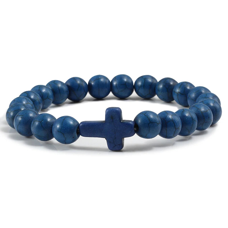 Fashion Jesus Cross Natural Stone Bracelets Charm Blue Pine Stone Black Lava Matte Beaded Bracelets Bangles Women Yoga Jewelry