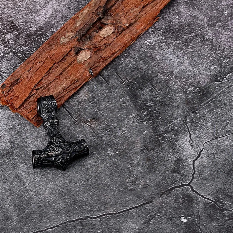 MKENDN Stainless Steel Norse Vikings Thor's Hammer Mjolnir Scandinavian Rune Amulet Pendant Necklace with Chain As Men Punk Gift