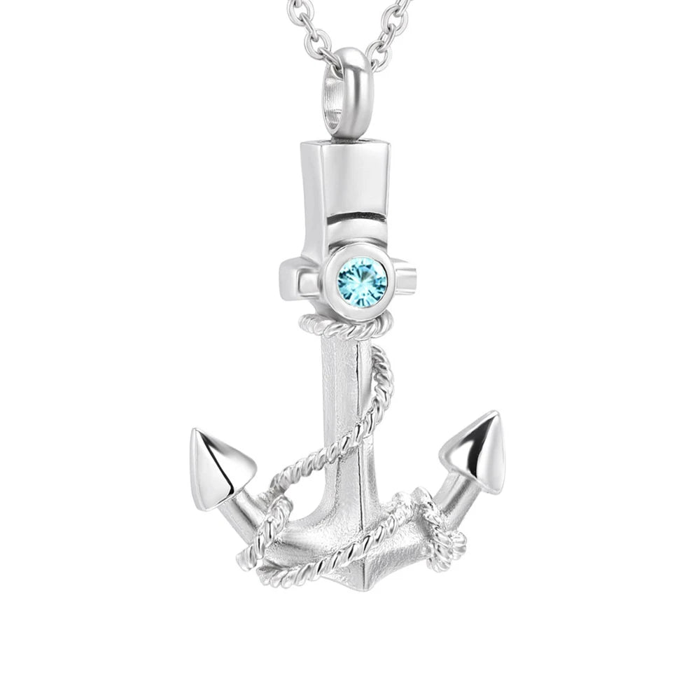 Stainless Steel Anchor Necklace with Gem Stone