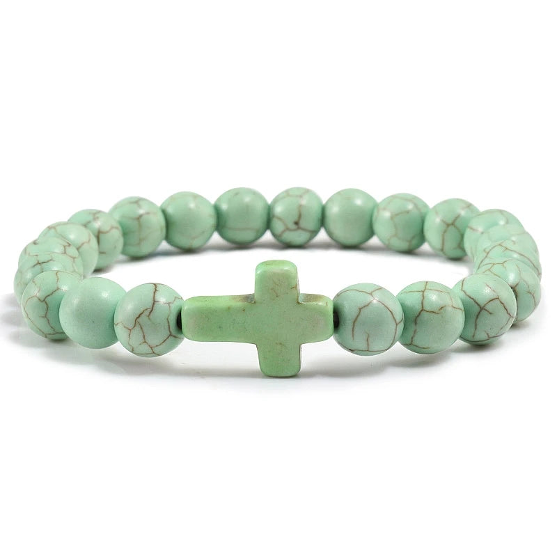 Fashion Jesus Cross Natural Stone Bracelets Charm Blue Pine Stone Black Lava Matte Beaded Bracelets Bangles Women Yoga Jewelry