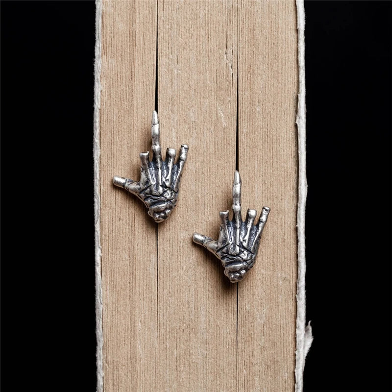 MKENDN 100 % 925 Sterling Silber Kreativer Retro Totenkopf Dämon Hand Mittelfinger Form Ohrstecker Hip-Hop Street Punk Ohrschmuck