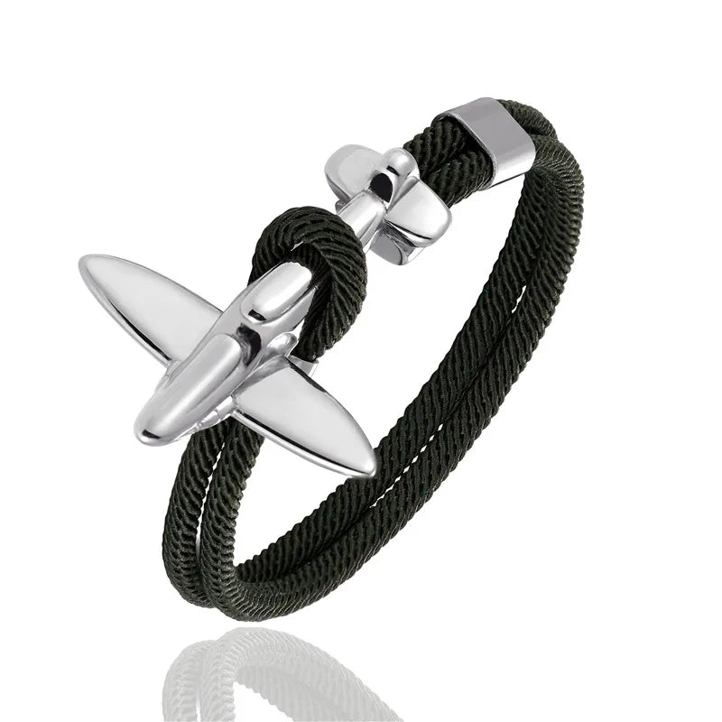 MKENDN Fashion Stainless Steel Airplane Glider Anchor Rope Leather flight Bracelets Men Women aviator Style