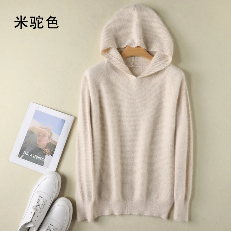2025 Spring Winter 100%Pure Mink Cashmere Sweater Women Knitted Hooded Warm Lady's Grade Up Jumpers and Pullovers Soft Warm Tops
