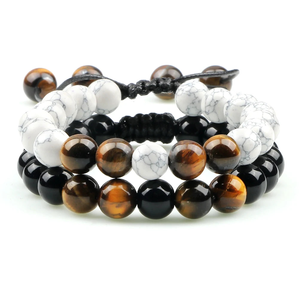 2Pcs Adjustable Braided Natural Stone Beads Bracelets&Bangles For Couples Women Men Tiger Eye Lava Bracelet Yoga Jewelry Pulsera
