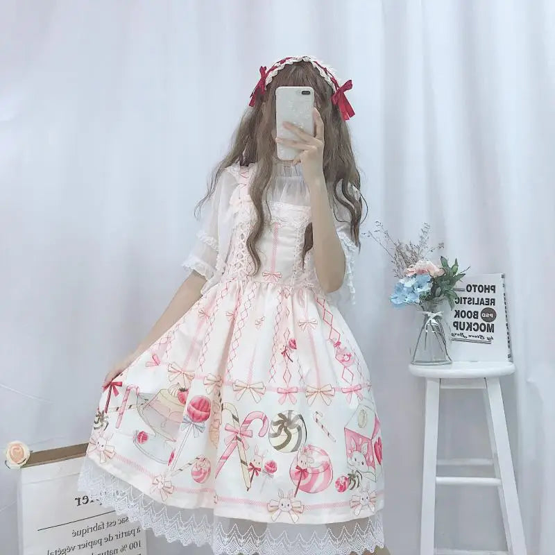 Robe Lolita japonaise douce et mignonne JSK pour femmes, style été, imprimé dessin animé, style kawaii, pour cosplay de princesse.