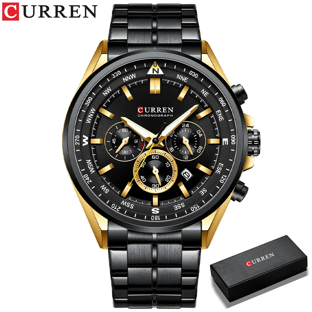CURREN Luxury Brand Watches for Men Casual Sporty Quartz Wristwatch with 316 Stainless Steel Band Chronograph Clock Male Silver