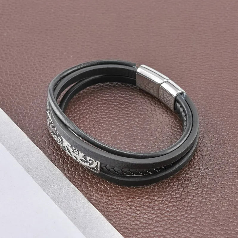 MKENDN Multi-layer Leather Wristband Vintage carved Accessories Men's Bracelet Stainless Steel Leather Bracelet Viking Jewelry