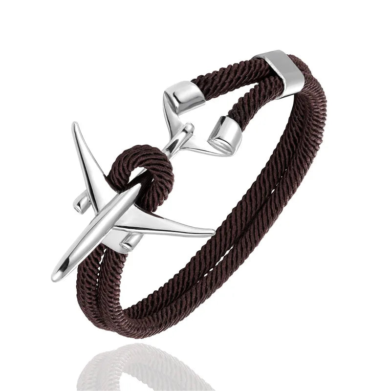 MKENDN Fashion Stainless Steel Airplane Glider Anchor Rope Leather flight Bracelets Men Women aviator Style