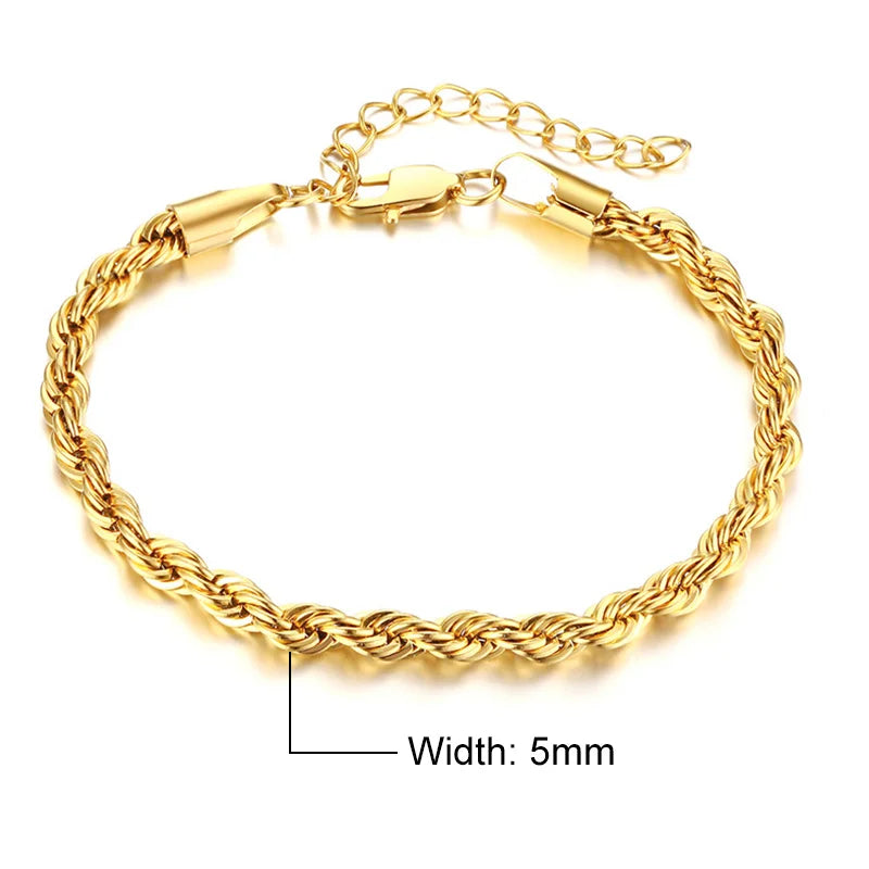 Vnox 2/3/4/5mm Twisted Chain Bracelets for Women Men, Gold Color Stainless Steel Link Chain, Adjustable Minimalist Metal Jewelry - Madeinsea©
