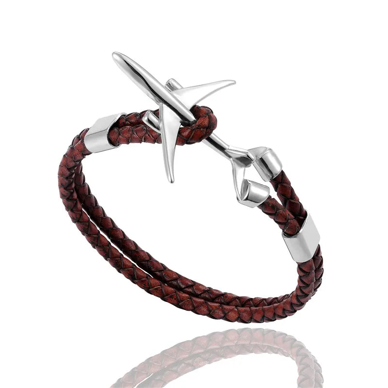 MKENDN Titanium Stainless Steel Airplane Anchor Bracelets Men Multilayer Braid Genuine Leather Bracelet Women Friendship Gifts