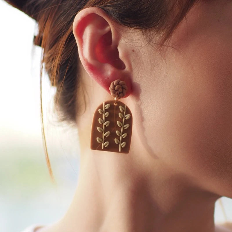 Leaves Heart Earthy Colors Arch Natural Handmade Polymer Clay Braided Pattern Earrings Dangle Sets Women Jewelry Holiday Wear