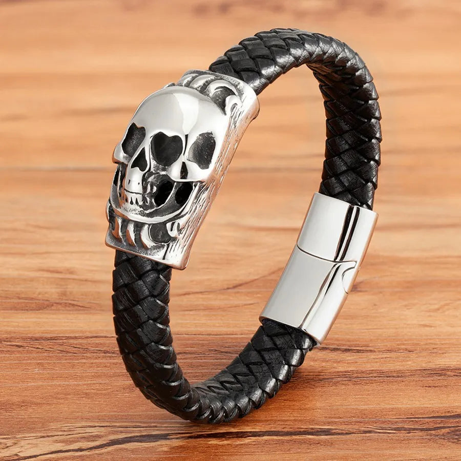 Bracelets et joncs en cuir pour hommes TYO Cool Style, motif crâne, hibou, scorpion et serpent, tressés en acier inoxydable, parfaits pour Halloween