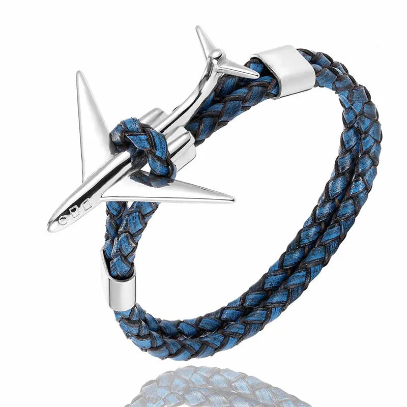 MKENDN Fashion Retro Leather Bracelet Stainless Steel Airplane Anchor Bracelets Men Women Summer Style Wrap Metal Sport Hook