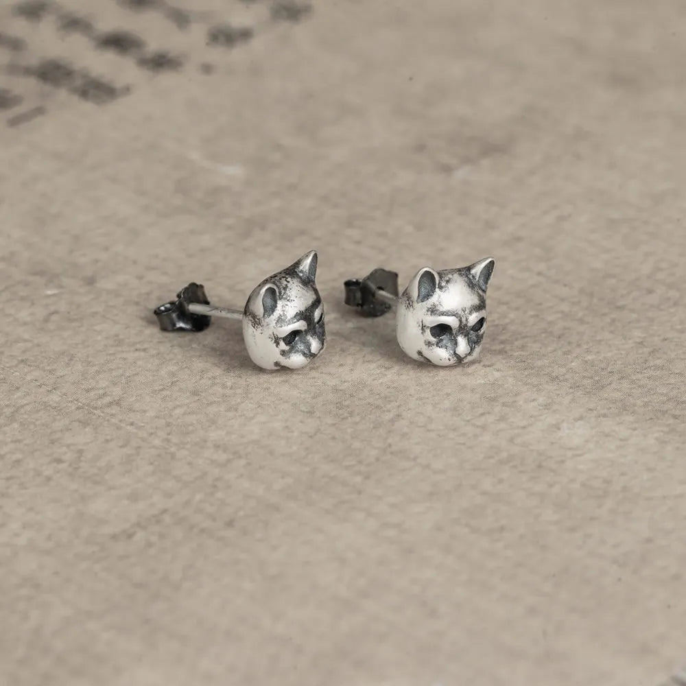 MKENDN 100% 925 Sterling Silver Creative Retro Cat Stud Earring Punk Street Style Ear Pin for Men Women Fine Jewelry