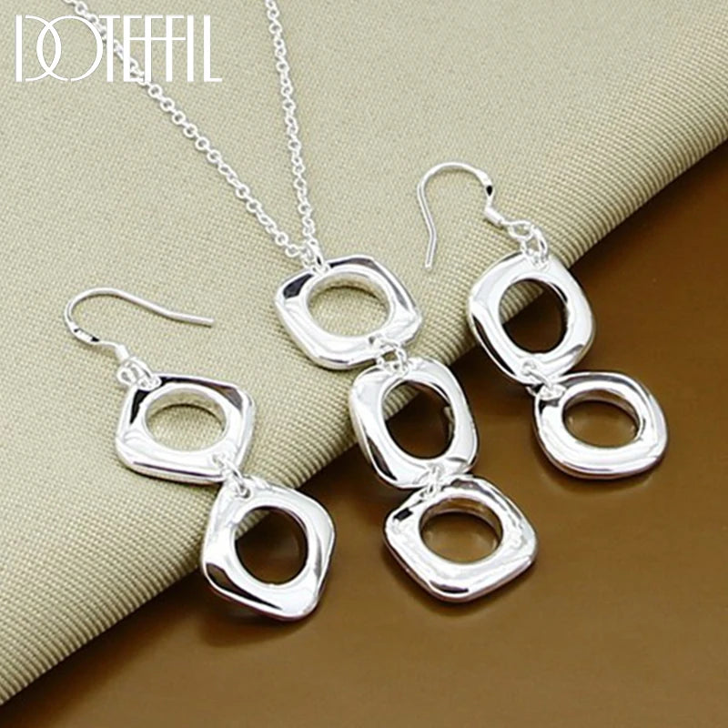 DOTEFFIL 925 Sterling Silver Round Square Necklace Earring Set For Woman Wedding Engagement Party Fashion Charm Jewelry - Madeinsea©