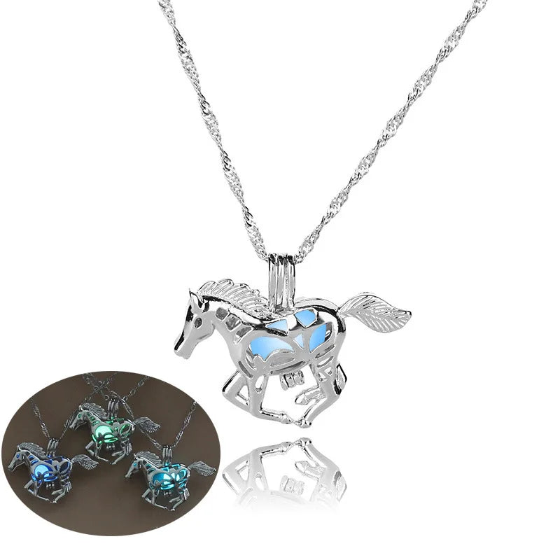 Glow in The Dark Locket necklace For Women Gun skull Heart mermaid Cross tortoise Glowing beads cage pendant Fashion Jewelry