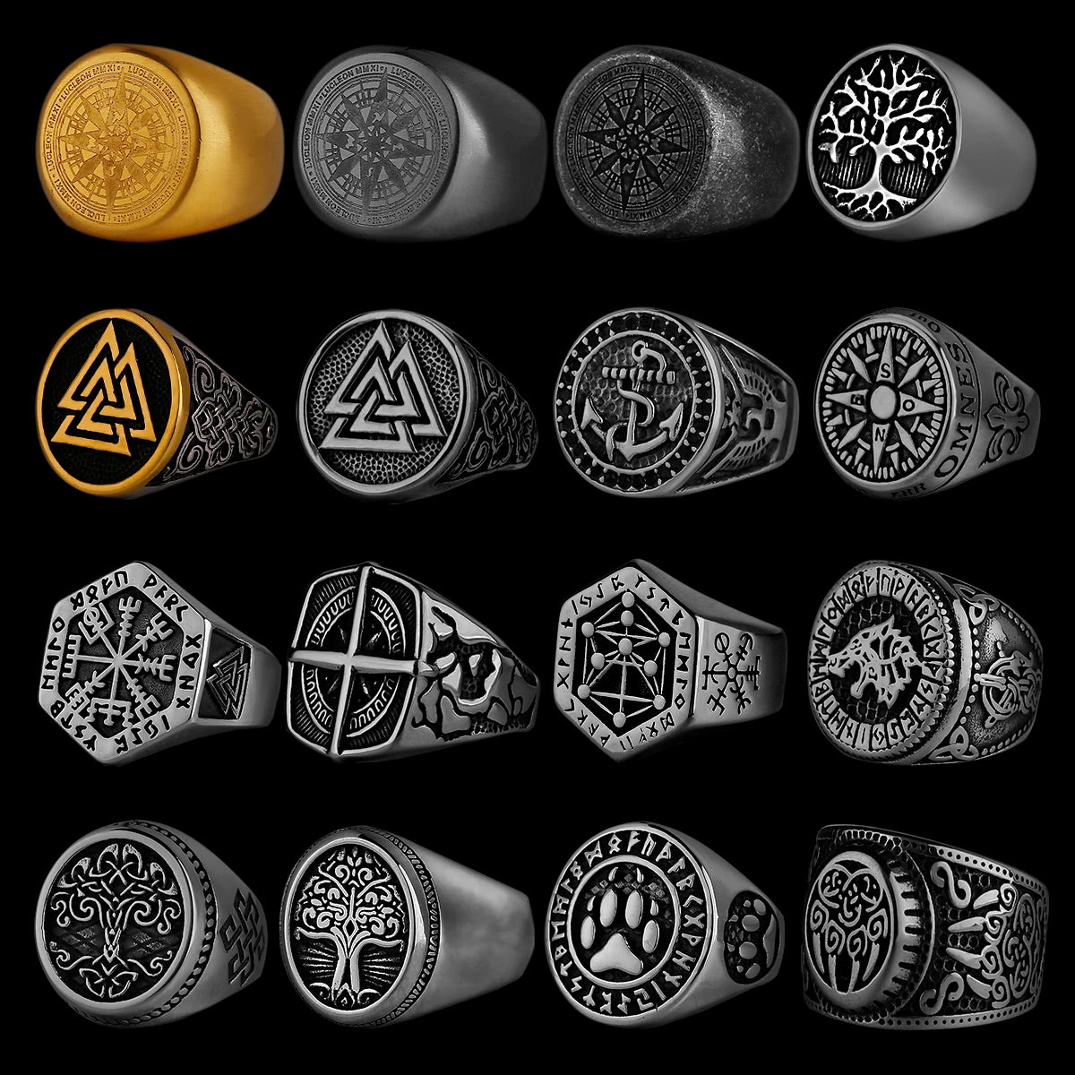 Nordic Viking Stainless Steel Ring Anchor Compass Tree of Life Rune Amulet Wolf Men Women Finger Jewelry Biker Party Club Gift