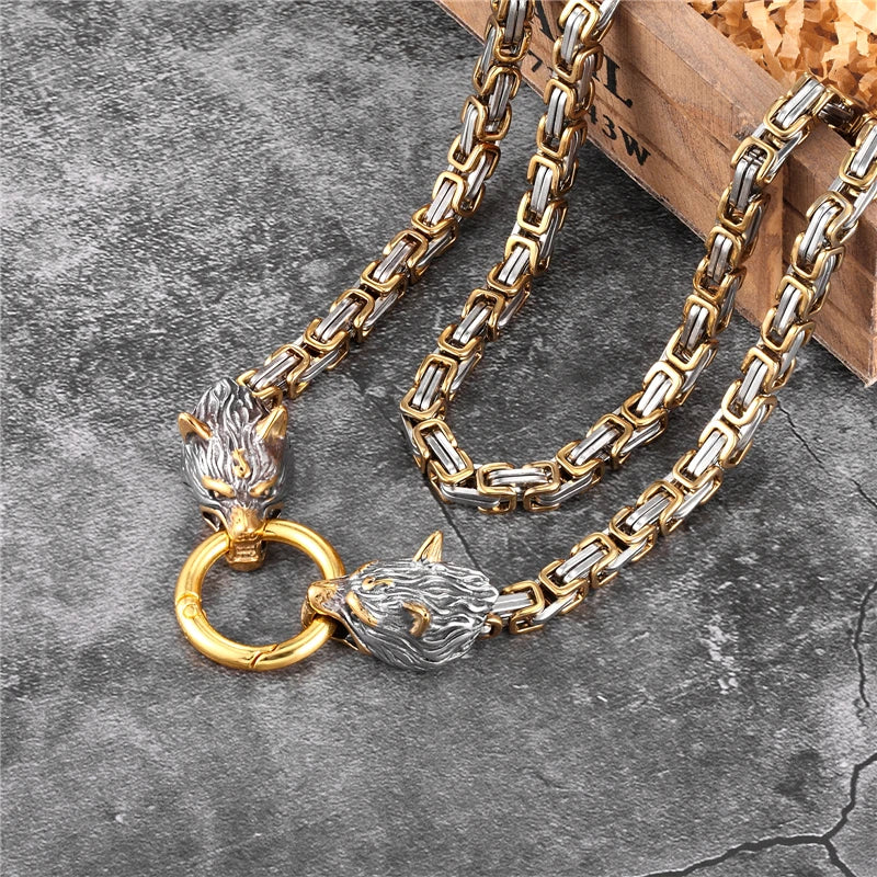 MKENDN Viking Celtic Double Wolf Necklaces Men Stainless Steel Vegvisir Amulet Hammer Pendant Norse Runes Punk Biker Jewelry