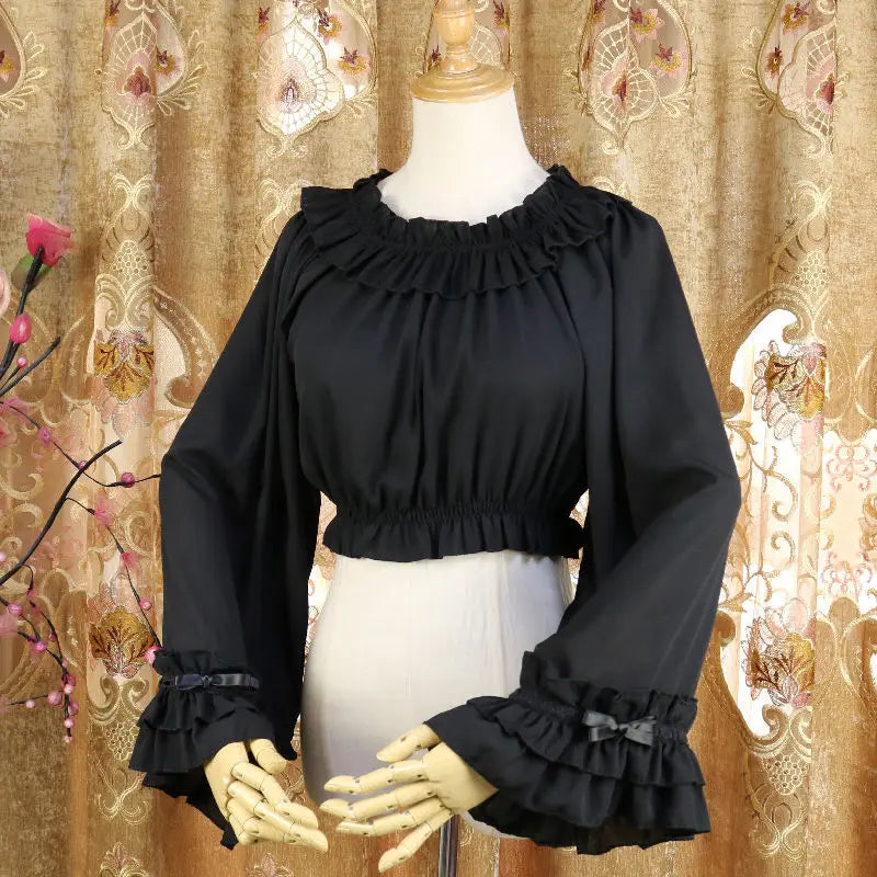 Japanese Style Harajuku Gothic Lolita Shirts Girly Cute Ruffles Short/Long Sleeve Tops Elegant Women Sweet Solid Chiffon Blouses