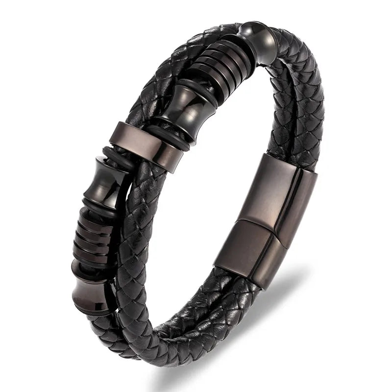 TYO Fashion Stainless Steel Charm Magnetic Black Men Bracelet Leather Genuine Braided Punk Rock Bangles Jewelry Accessories - Madeinsea©