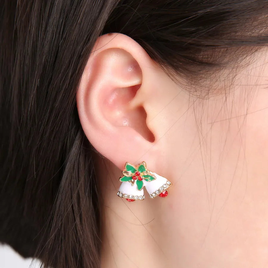 Women Enamel Bell Earrings Rhinestone Christmas Stud Earrings Female Girls Christmas New Year Gifts