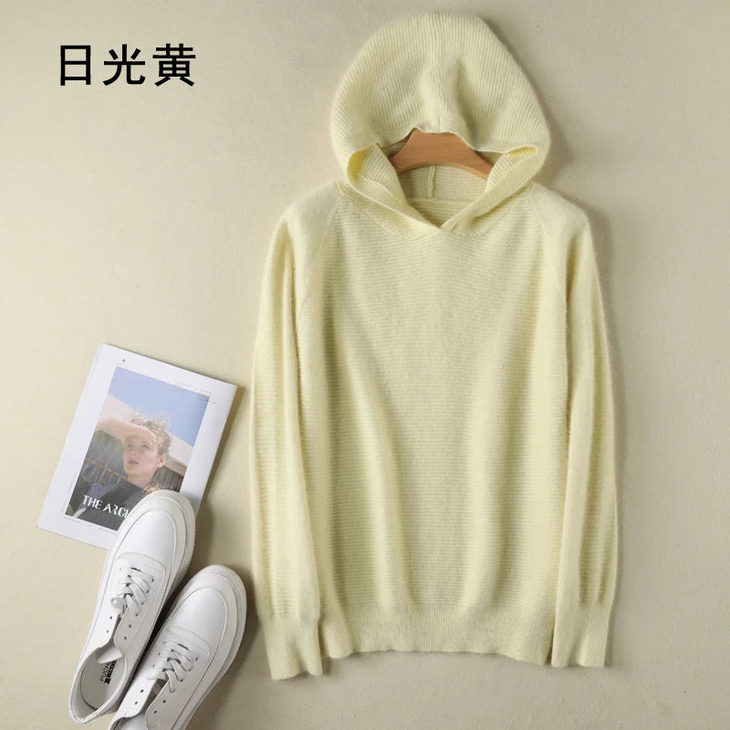 2025 Spring Winter 100%Pure Mink Cashmere Sweater Women Knitted Hooded Warm Lady's Grade Up Jumpers and Pullovers Soft Warm Tops