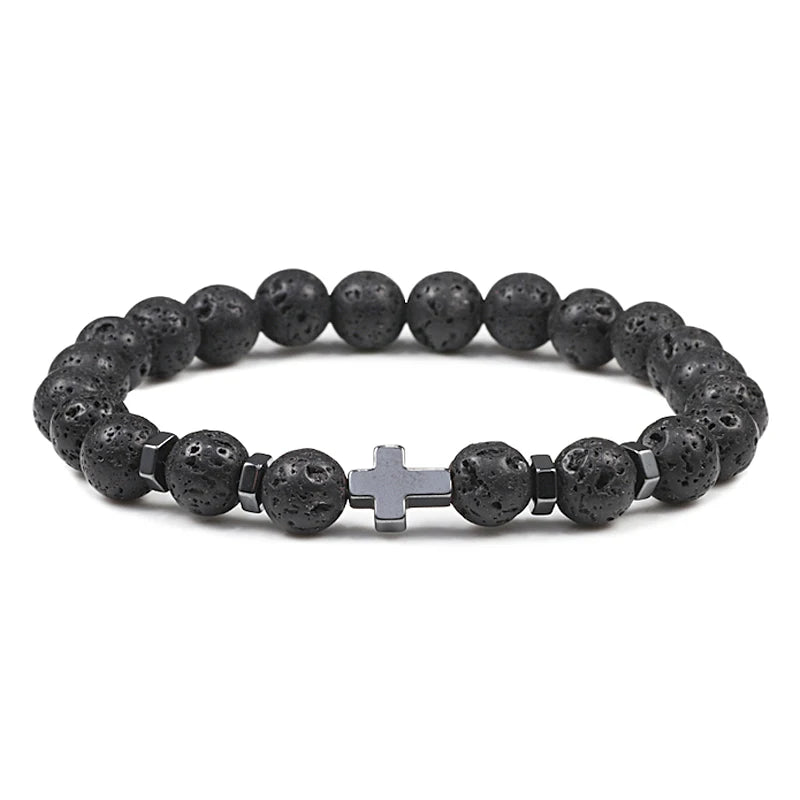 Prayer Men Natural Stone Wood Beads Rosary Hematite Cross Bracelets Onyx Meditation Bracelet Women Yoga Jewelry Homme Pulsera