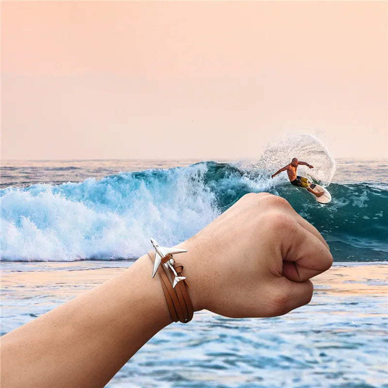 MKENDN New Fashion Multilayer charm leather Airplane Anchor Bracelet Men Women Navy Style Wrap Metal Sport Hooks