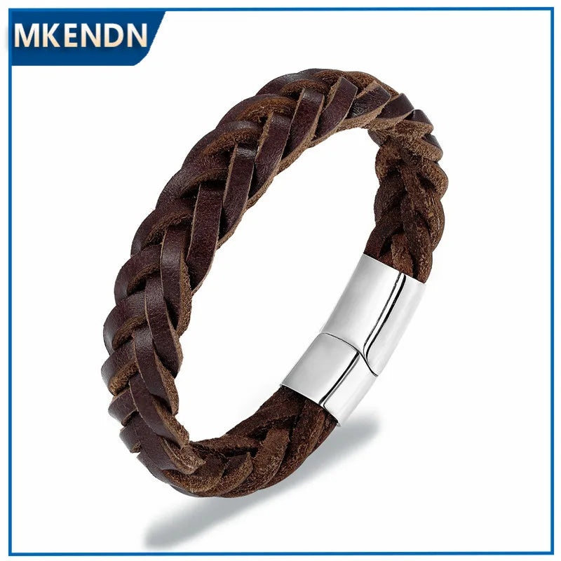 MKENDN 2021 Fashion Stainless Steel Chain Genuine Leather Bracelet Men Vintage Simple Male Braid Jewelry for women - Madeinsea©