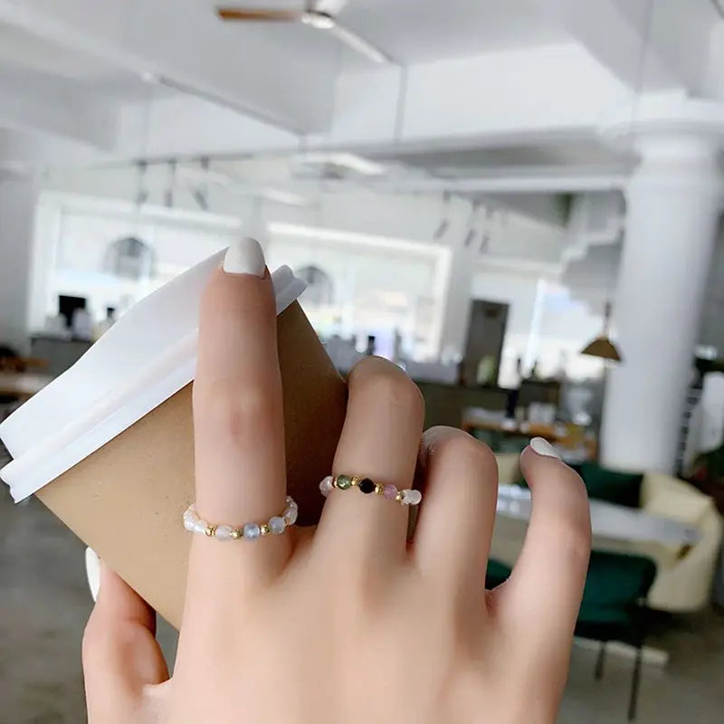 New Retro Crystal Beaded Rings Natural Freshwater Pearl Geometric Ring for Women Korean Minimalist Girl Party Jewelry Gift