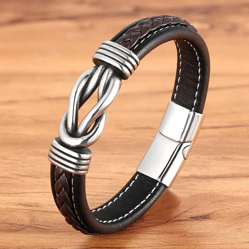 TYO Geometric Stainless Steel Men's Leather Bracelet Hand-woven Magnetic Clasp Black Blue Leather Bangle Christmas Jewelry Gift - Madeinsea©