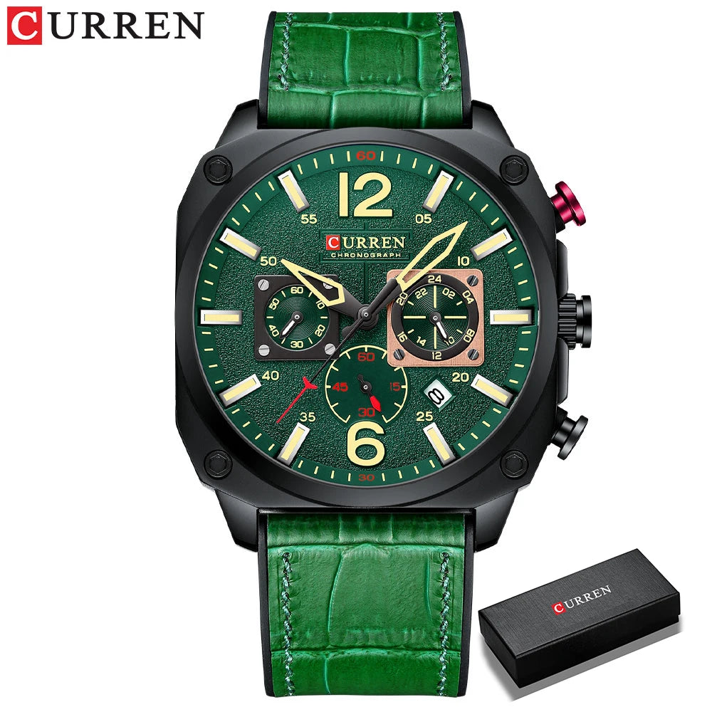 CURREN Brand Watches Business Men Luxury Chronograph and Date Wristwatches New Green Male Clock with Luminous
