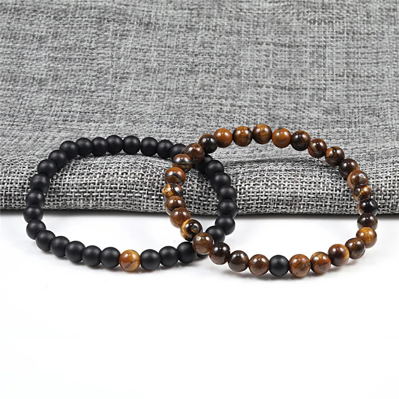 Hot Sale 2pcs/Set Couples Beaded Bracelets Tiger Eye Black Lava Natural Stone Beaded Bracelets Malachite Energy Elastic Jewelry