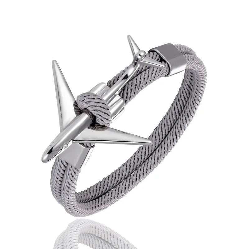 MKENDN Fashion Stainless Steel Airplane Glider Anchor Rope Leather flight Bracelets Men Women aviator Style