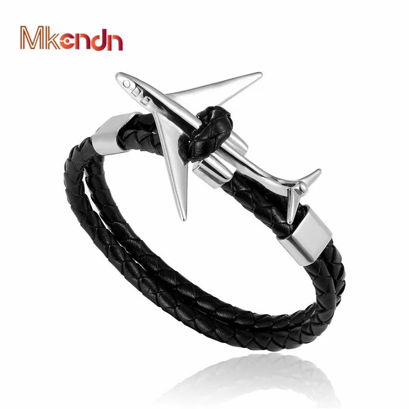 MKENDN Titanium Stainless Steel Airplane Anchor Bracelets Men Multilayer Braid Genuine Leather Bracelet Women Friendship Gifts