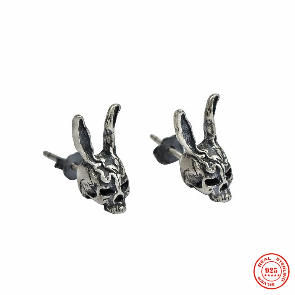 MKENDN 100% 925 Sterling Silver Creative Retro Rabbit Stud Earrings Punk Street Style Men Women Halloween Ear Jeweley