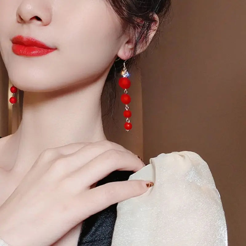 Trendy Red Pearl Long Earrings For Women Christmas Rhinestone Bow Cherry Flowers Earring Girls Party Christmas Jewelry Gifts