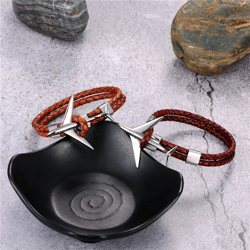 MKENDN Fashion Retro Leather Bracelet Stainless Steel Airplane Anchor Bracelets Men Women Summer Style Wrap Metal Sport Hook