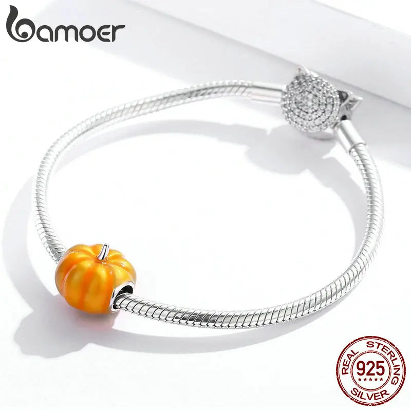 bamoer 925 Sterling Silver Cute Pumpkin Charm for Original Silver Plated platinum Bracelet Fine Jewelry DIY Bangle BSC333