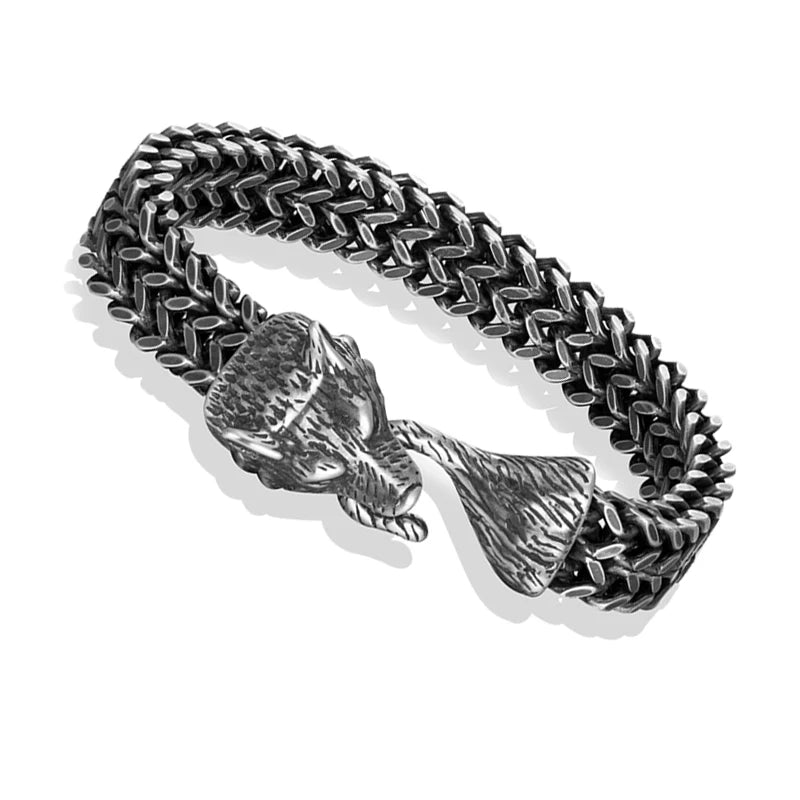 MKENDN Vintage Oxidized Black Punk Rock Viking Wolf Charm Bracelet Men's Stainless Steel Mesh Chain Wolf Bracelets Biker Jewelry