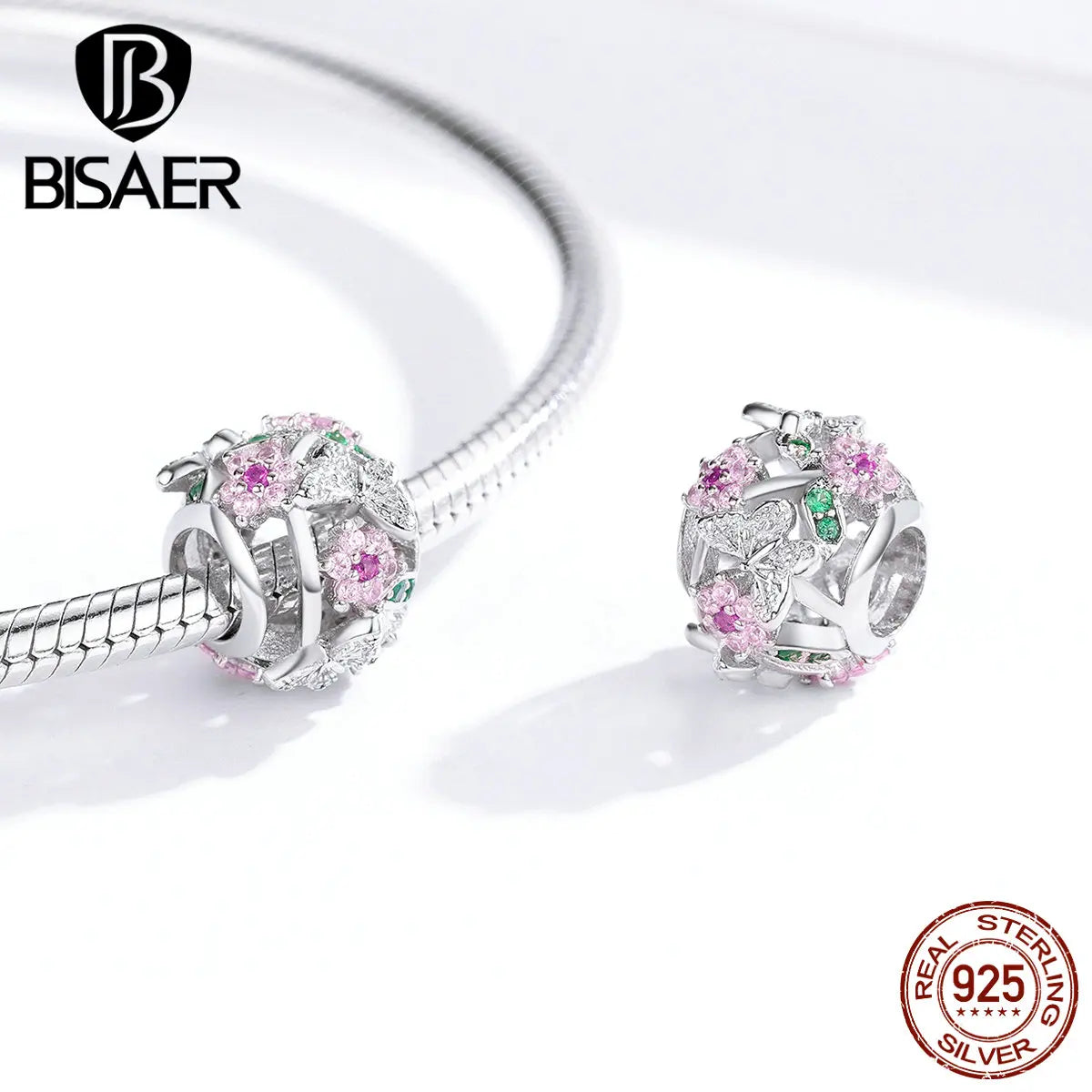 BISAER Cadeau de Noël 100% 925 Argent Sterling Perles de Fleur de Prunier Fleur Rose Zircon Charm Fit Bracelet Fabrication de Bijoux DIY
