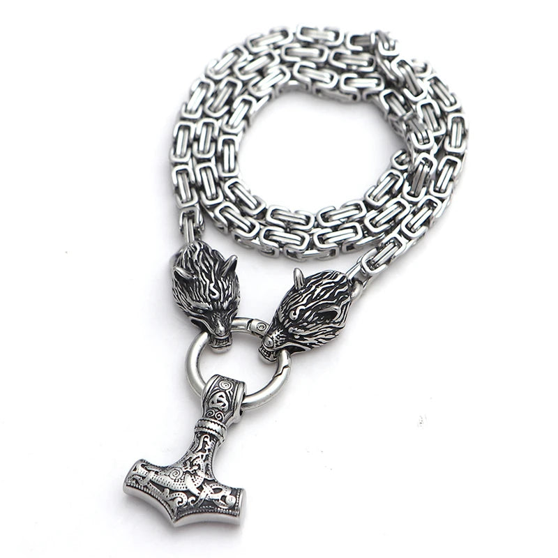 Dropshipping Stainless Steel Wolf head Necklaces Men Norse Thor's Hammer Mjolnir Pendant Scandinavian King Chain Viking Jewelry
