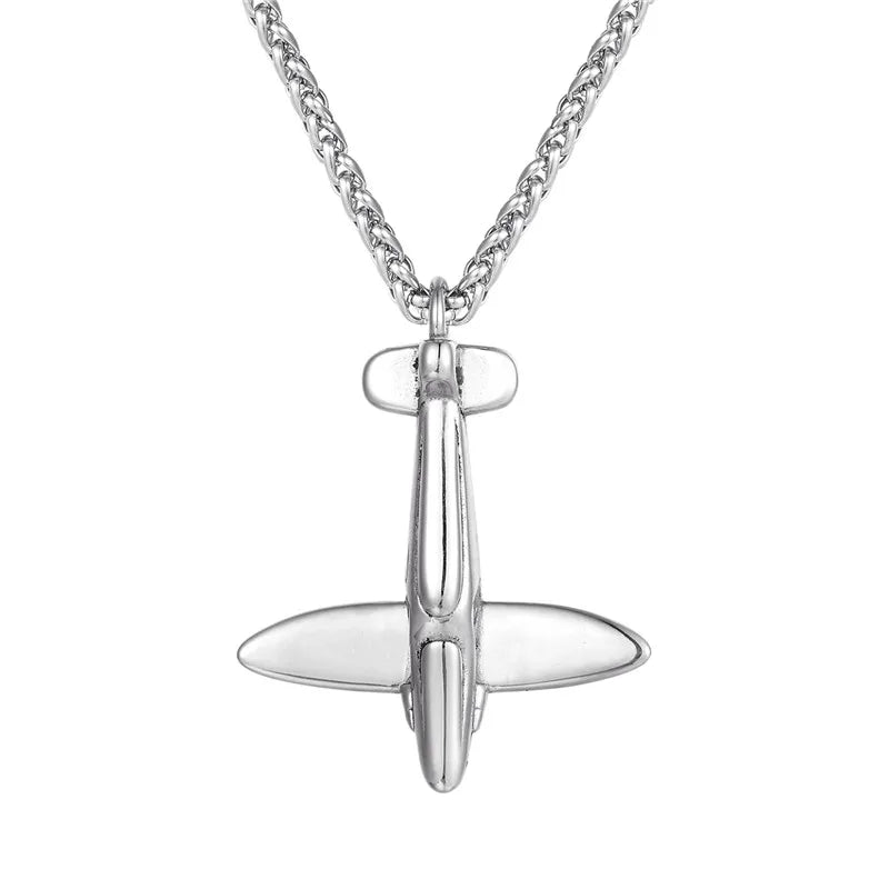Wholesale 4 Styles Airplane Pendant Necklace For Men Silver Color Stainless Steel Box Link Chain Peace Aircraft Necklace Gifts