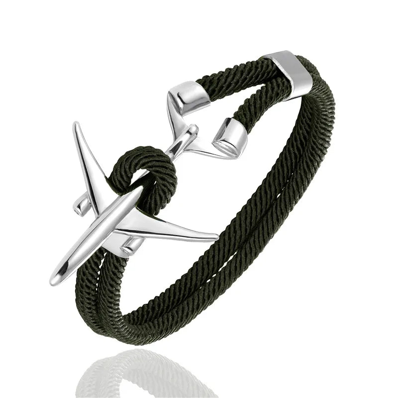 MKENDN Fashion Stainless Steel Airplane Glider Anchor Rope Leather flight Bracelets Men Women aviator Style