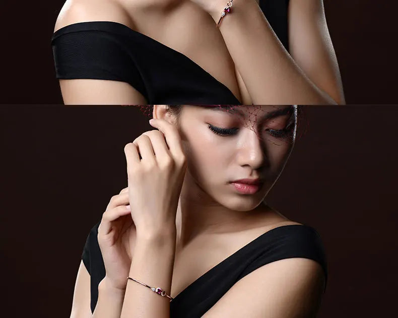 Real 14K Rose Gold Silver Bangles Bracelets for Women Natural Ruby Gemstone Tennis Charm Cuff Bracelet Wedding Fine Jewelry Gift