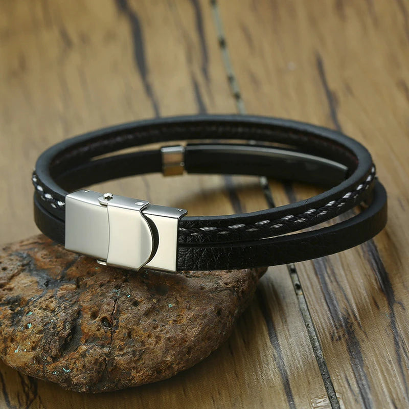 Vnox Unique Sew Lines Genuine Leather Bracelets for Men Women Stainless Steel Bar Layered Bangle Causal Pulseira - Madeinsea©