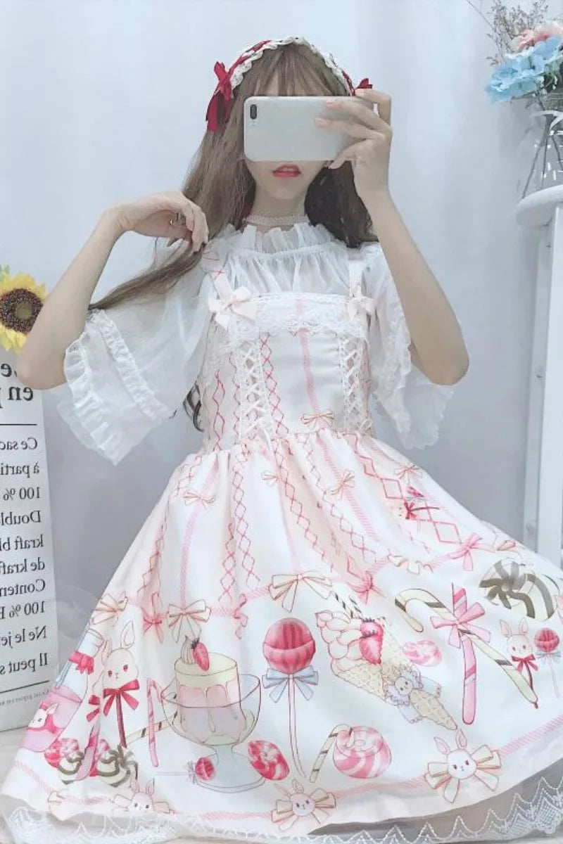 Robe Lolita japonaise douce et mignonne JSK pour femmes, style été, imprimé dessin animé, style kawaii, pour cosplay de princesse.