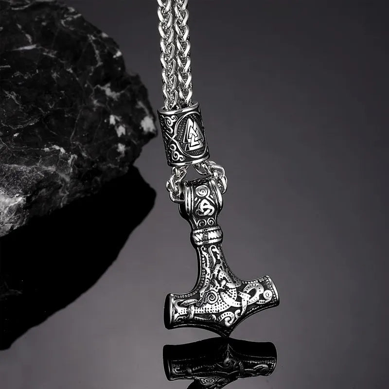 MKENDN Stainless Steel Norse Vikings Thor's Hammer Mjolnir Scandinavian Rune Amulet Pendant Necklace with Chain As Men Punk Gift